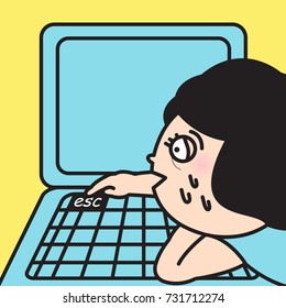 Tired Exhausted Woman Working On Computer Ready Press Escape Button Isolated On Yellow Background. Funny Concept Card Character illustration