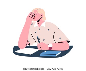 Tired exhausted woman yawning at work. Sleepy bored unmotivated employee. Fatigue drowsy student. Apathy, boredom, lack of energy concept. Flat vector illustration isolated on white background