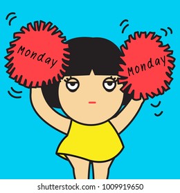 Tired Exhausted Worker Woman Cheering With Pompom As A Cheerleader On Monday Concept Card Character illustration