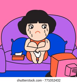 Tired Exhausted Young Girls Crying Sitting On A Couch Watching Movie Concept Card Character illustration