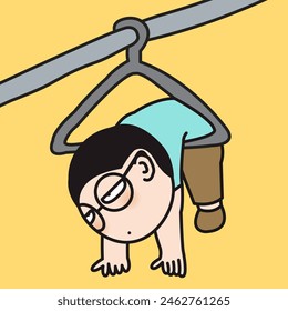 Tired Exhausted Young Man Hanging On Hangers Concept Card Character illustration