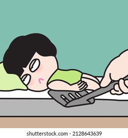 Tired Exhausted Young Woman Is Pulling Up By The Flying Pan Spatula Fork In Someone Hand From Bed Concept Card Character illustration