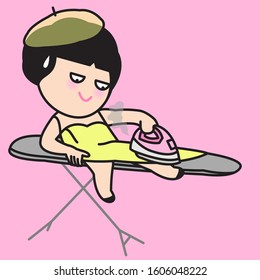 Tired Exhausted Young Woman Tries To Iron Her Party Outfit While Still Wearing It With Electric Iron. Housework In Funny Humorous Concept Card Character illustration