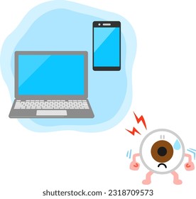 Tired eye character with PC and smartphone