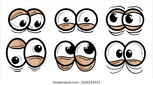 Tired Eye comic view. Black cute funny eyesight. Set of Surprised, angry and mad expression isolated on white background