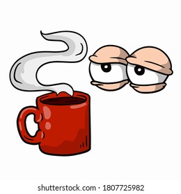 Tired eyes. Insomnia and a red coffee mug. The concept of fatigue and depression. Lack of sleep. Caffeine addiction. Fun cartoon drawn illustration