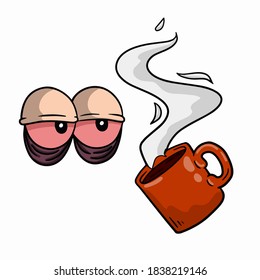 Tired eyes. Insomnia and a red coffee mug. The concept of fatigue and depression. Lack of sleep. Fun cartoon drawn illustration. Caffeine addiction