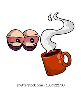 Tired eyes. Insomnia and a red coffee mug. The concept of fatigue and depression. Lack of sleep. Caffeine addiction. Fun cartoon drawn illustration