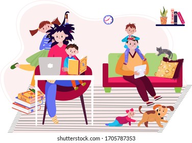 Tired family stay home and have distant work during pandemic. Young parents with sons and daughter have remote job. Online business with kids in quarantine. Mother study online, father is freelancer  