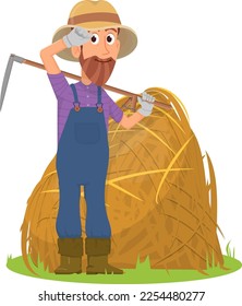 Tired farmer making hay stack. Cartoon farm work