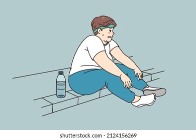 Tired fat man sit on sidewalk feel exhausted after exercising outdoors losing weight. Unhappy obese male have difficulties workout training in park. Diet and sport, weightloss. Vector illustration. 