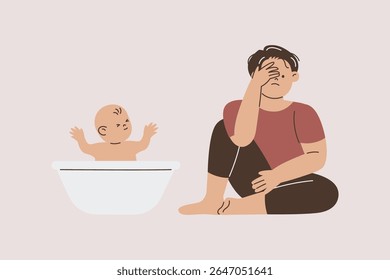 Tired Father with Baby Bathing Illustration