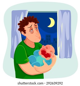 Tired Father Carrying A Crying Baby At Night