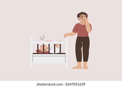 Tired Father with Crying Baby Illustration
