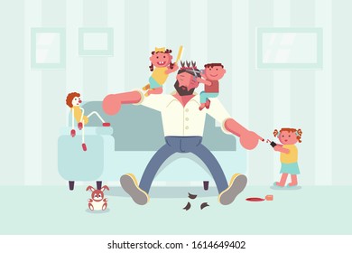 El padre cansado se quedó dormido en el sofá. Niños traviesos jugando y haciendo desorden. Feliz familia en casa. Ilustración de vectores de arte plano