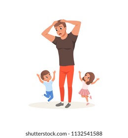Tired father and his children who want to play, parenting stress concept, relationship between children and parents vector Illustration on a white background