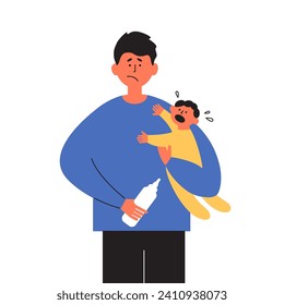 Padre cansado sostiene a un hijo llorando en las manos. Triste padre que alimenta a su bebé con botellas. Un hombre preocupado, bebé, se sienta. Hombre infeliz alimentando al recién nacido. Ilustración vectorial de depresión primaria. marido ansioso con niño