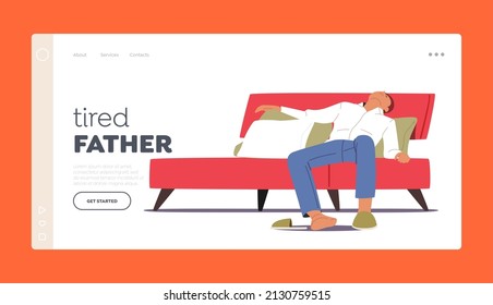 Tired Father Landing Page Template. Male Character Sleep Like a Log Lying on Bed in Room. Tiredness, Depression Concept with Sleeping Man in Formal Wear in Bedroom. Cartoon People Vector Illustration