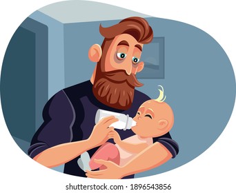 Tired Father Night Feeding Baby With Bottle. Male Parent Waking Up At Nighttime Calming Hungry Newborn 
