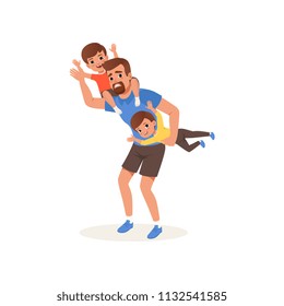 Tired father playing with his sons, parenting stress concept, relationship between children and parents vector Illustration on a white background