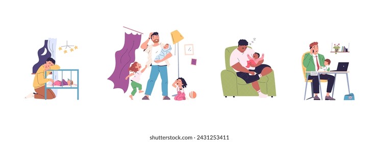 Müder Vater. Alleinstehender Vater müder Vater, frustrierter müder Mann mit Kleinkind zu Hause Krippe, verärgerte schläfrige Eltern weinend Baby Koliken Elternschaft Familienproblem, klassische Vektor-Illustration des Vaters Elternschaft