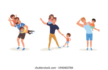 Tired Fathers and Their Children Set, Stressed Exhausted Dads with Naughty Kids, Parenthood Concept Cartoon Vector Illustration