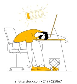 Tired fatigue man at the workplace. Exhausted sleepy overworked character with low energy, tiredness, exhaustion. Apathy, weakness, burnout concept. Flat vector illustration.