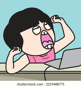 Tired Fatigue Officer Woman Yawning And Stretching In Her Office Concept Card Character illustration