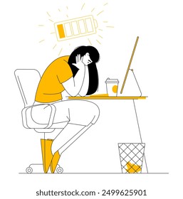 Tired fatigue woman at the workplace. Exhausted sleepy overworked character with low energy, tiredness, exhaustion. Apathy, weakness, burnout concept. Flat vector illustration.
