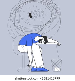 Tired fatigued man at the workplace. Exhausted sleepy overworked character with low energy, tiredness, exhaustion. Apathy, weakness, burnout concept. Flat vector illustration.