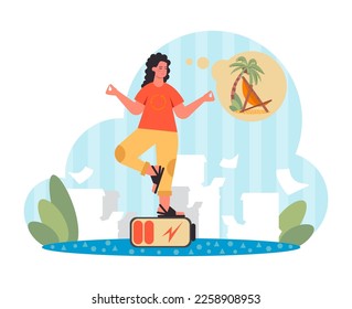 Tired female character dreaming of vacation. Businesswoman at office thinking about summer holidays on the beach. Employee with lack of energy. Flat vector illustration