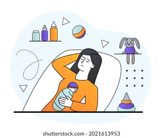 Tired Female Character With Postnatal Depression Laying Down In Hospital With Baby. Concept Of People Having Stress, Anxiety, Depression And Fatigue. Flat Cartoon Vector Illustration