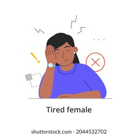 Tired female character is sitting at work with eyes closed on white background. Concept of people tired in their daily work life with sleep deprivation. Flat cartoon vector illustration
