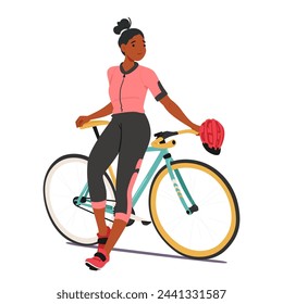 Tired Female Cyclist Character, Clad In Sports Attire, Finds Repose By Leisurely Sitting Atop The Sleek Frame Of Bicycle, Embodying A Moment Of Serene Relaxation. Cartoon People Vector Illustration