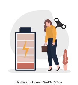 Funcionária cansada precisa de recarga, baixa energia em bateria vazia. Força ou chave de encerramento para estimular ou motivar pessoas cansadas, chave de enrolamento para motivar mulher de negócios trabalhador de escritório.