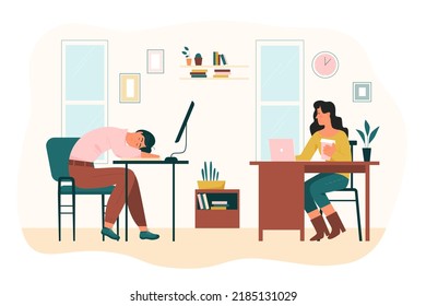 Tired female employee sleeping at workplace. Sleepy girl sitting on chair at computer desk after deadline overwork, colleague drinking coffee flat vector illustration. Burnout syndrome concept