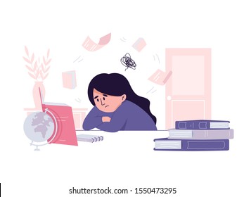 Tired female student having stress before an exam. Stressful situation in learning and education process. Hard time in getting high score at university tests. Procrastination while writing the thesis.