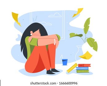 Tired female student having stress before an exam. Stressful situation in learning and education process. Hard time in getting high score at university tests. Procrastination while writing the thesis.