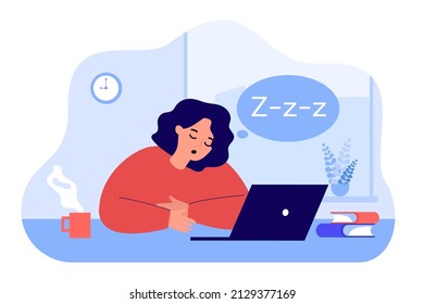 Tired female student or office worker sleeping at desk. Woman falling asleep while working or studying flat vector illustration. Education, fatigue, occupation concept for banner or landing web page