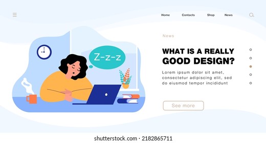 Tired female student or office worker sleeping at desk. Woman falling asleep while working or studying flat vector illustration. Education, fatigue, occupation concept for banner or landing web page