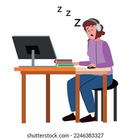 Tired female student or office worker sleeping at desk. Woman falling asleep while working or studying flat vector illustration. Education, fatigue, occupation concept for banner or landing web page.