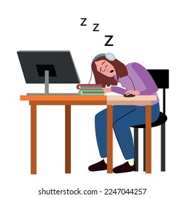 Estudiante o trabajadora de oficina cansada durmiendo en el escritorio. Mujer durmiendo mientras trabaja o estudia la ilustración vectorial plana. Educación, fatiga, concepto de ocupación para banner o página web de inicio.