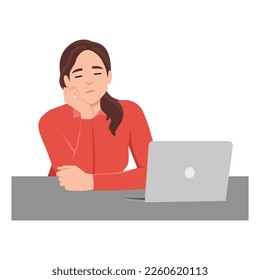 Tired female student or office worker sleeping at desk. Woman falling asleep while working or studying flat vector illustration. Education, fatigue, occupation . Flat vector illustration isolated