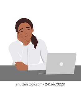 Tired female student or office worker sleeping at desk. Woman falling asleep while working or studying. Flat vector illustration isolated on white background