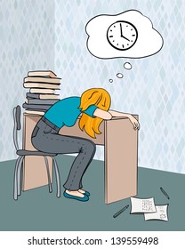 Tired female student sleeping on her desk and dreaming of free time. Vector cartoon character.