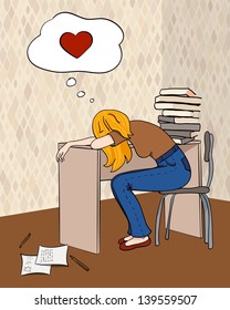 Tired female student sleeping on her desk and dreaming of love. Vector illustration, cartoon character.