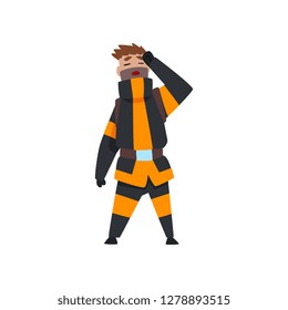 Tired fireman, firefighter character in uniform at work vector Illustration on a white background