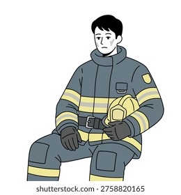 Tired fireman resting after rescue work. Minimalist flat design illustration of the hard reality of professional rescue service.