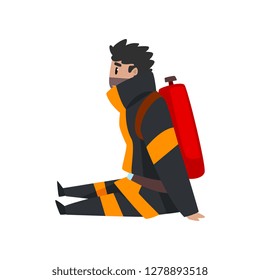 Tired fireman sitting on the floor, firefighter character in uniform at work vector Illustration on a white background