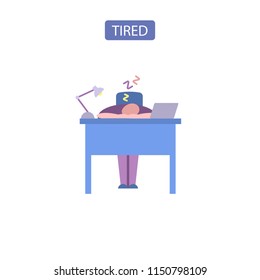 Tired flat icon vector illustration. Symbol of exhausted worker sleeping at workplace in office flat style design. Isolated on white background